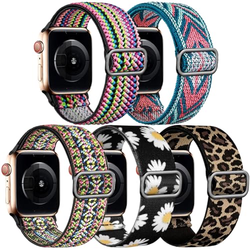 Image of Easuny 5 Pack Stretchy Bands Compatible with Apple Watch 40mm 41mm 42mm 38mm 44mm 45mm 46mm Women, Elastic Fabric Nylon Strap Wristband for iWatch SE 3 2 1 Series 11 10 9 8 7 6 5 4 3 Boho Solo Loop