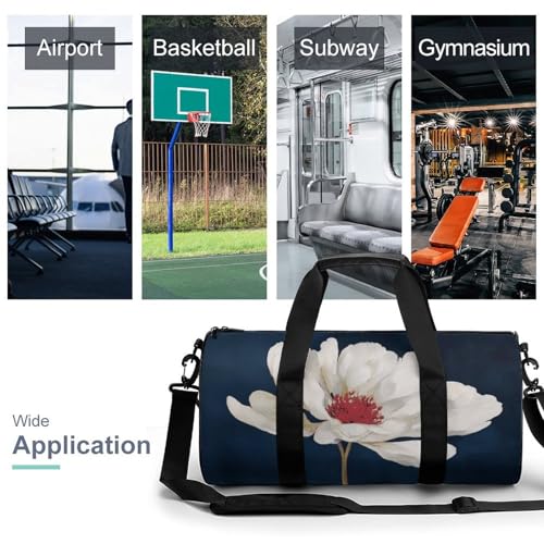 Large Single White Flower Travel Gym Bag for Women Men Cylindrical Duffle Bag Sport Workout Bag with Shoulder Strap3