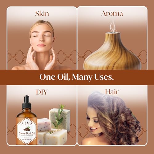 Image of Siva Clove Bud Essential Oil, Glass Bottle with Dropper, 4 Fl Oz (118 ml) | Clove Bud Oil for Diffuser, Humidifier, Home Fragrance, Oral Care, Body Massage, Soap Making, Candle Making & DIY Projects