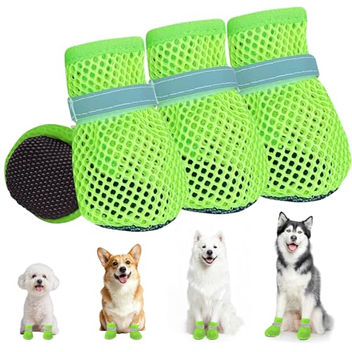XIABYAYU 4 PCS Hundeschuhe Pfotenschutz, Hundeschuhe Sommer, Pfotenschutz für Hunde, Hunde Schuhe Sommer, Atmungsaktiv, Geeignet für Den Innen- Und Außenbereich Im Sommers/Grün S