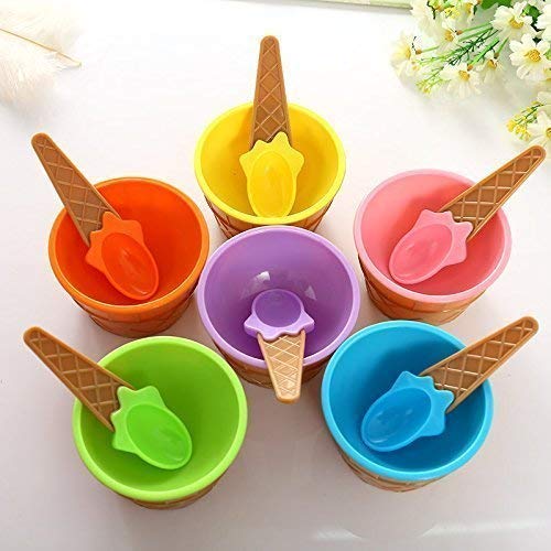 VENJA (LABEL) Ice Cream Bowl Set with Spoon | Plastic Ice Cream Cups Salad Dessert Serving Bowls Tableware Set for Kids, Party (Multicolor Sent as Per Availability) (Set of 6)