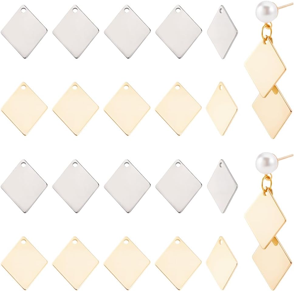 Beebeecraft 120Pcs 2 Colors Stamping Blank Charm Rhombus 18K Gold Plated Stainless Steel Silver Metal Engraving Blanks Tag Charms for Jewelry Making Pendants Bracelet DIY Craft Accessories