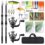 Carbon Hybrid Fishing Rod Set and Reel Combo, Fishing Rod Set for 2 With Full Metal 2000 Spinning Reel (5.2:1, 6kg), Hard Action H Rod (1.8m) w/Lures & Bag,for Saltwater & Freshwater Fishing