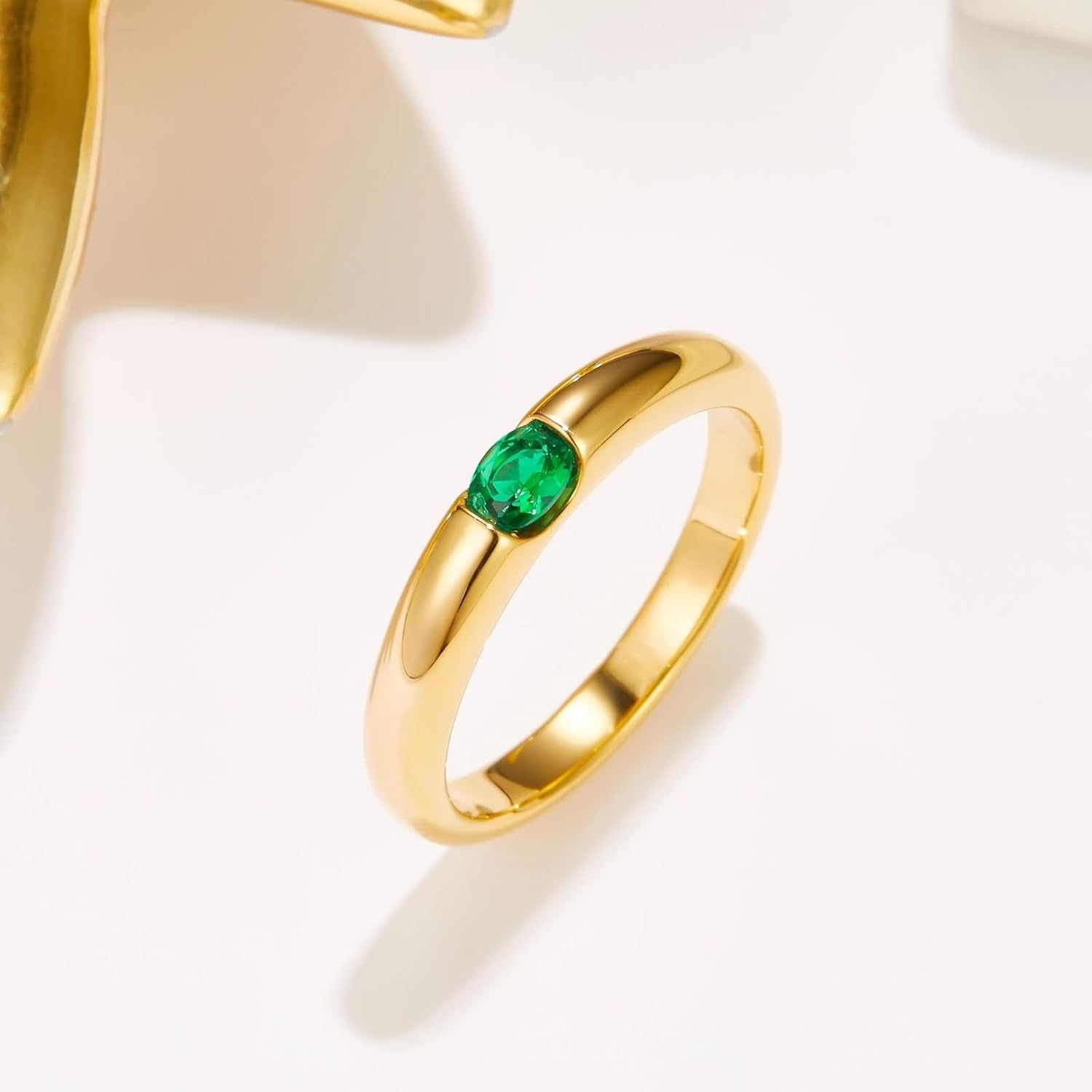 9K / 14K / 18K Yellow Gold Rings for Women Anniversary, Solitaire Oval with 0.3ct Emerald, Ring Wedding Gold Green Women