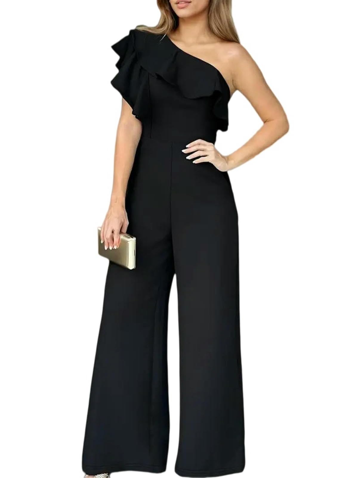 Mono De Verano Pantalones De Mujer De Pierna Ancha con Volantes En Los Hombros Y Cintura Que Estilizan La Figura.