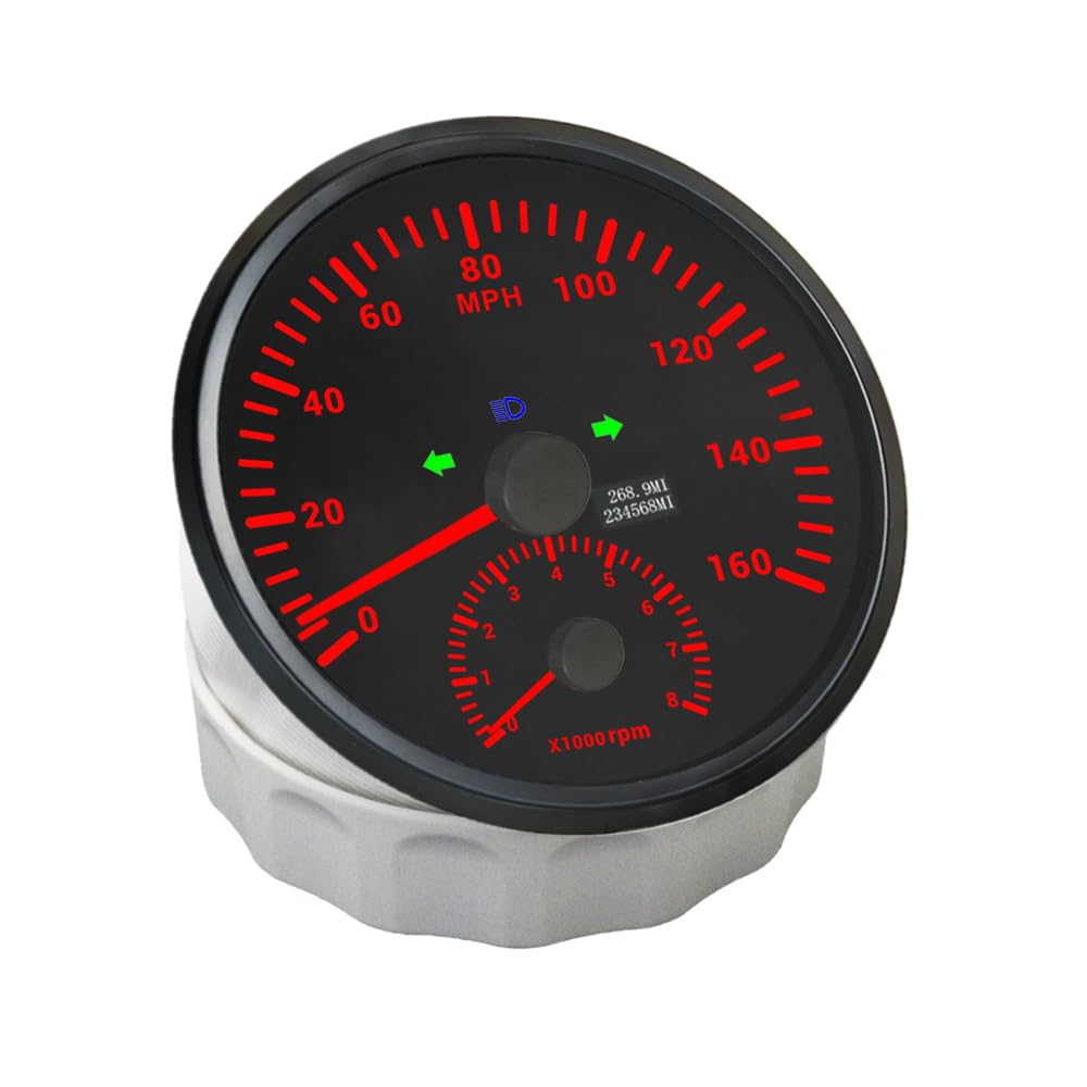 ELING Velocímetro GPS 2 en 1 de 110 mm medidor de odómetro de 0 a 160 MPH con tacómetro de 0 a 8000 RPM medidor de revoluciones con luz de fondo roja de 12 V y 24 V