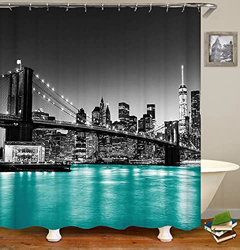 Jayden Madge 4Pcs/Set Brooklyn Bridge Fabric Shower Curtain, Fantasy Modern City Famous Building Night View New York Landscape Art Bathroom Decor, Non-Slip Bath Rugs Soft Toilet Mat, Teal East River #TOP2