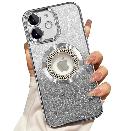 Image of Misscase for iPhone 12 Magnetic Glitter Case Compatible with MagSafe,Full Protection Slim Shockproof Anti-Scratch Case with Camera Lens Protector Logo View Dust-Proof Net for Women Silver