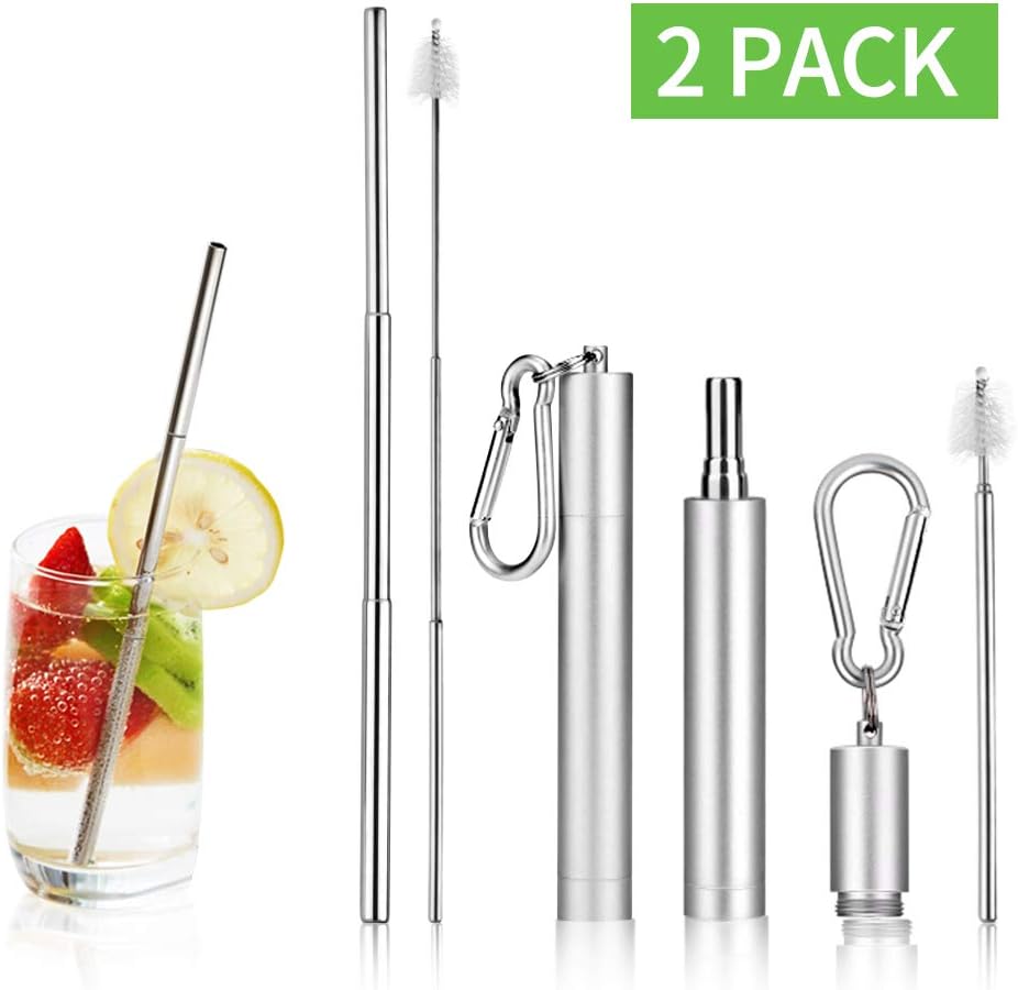 2 Pack Collapsible Reusable Straw, Foldable Stainless Steel Metal Straw with Carry Case & Cleaning Brush, Keychain Portable Drinking Straw Set for Travel