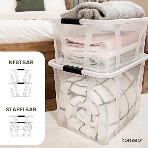 KONZEPT Aufbewahrungsbox 55 L mit Deckel – transparente Kunststoffbox, stapelbar, BPA-frei, verstärkter Boden, robuste Verschlussclips – ideal für Küche & Haushalt