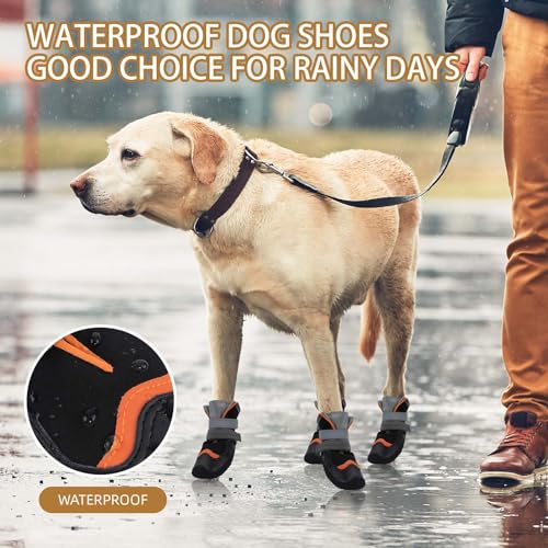 Ohcozzy Wasserdicht Hundeschuhe, Anti-Rutsch Hundestiefel mit reflektierenden Riemen, Verschleißfeste Gummisohle Hundeschuhe Pfotenschutz fürkleine, Mittlere und Große Hunde 4 Stück(L, Orange)