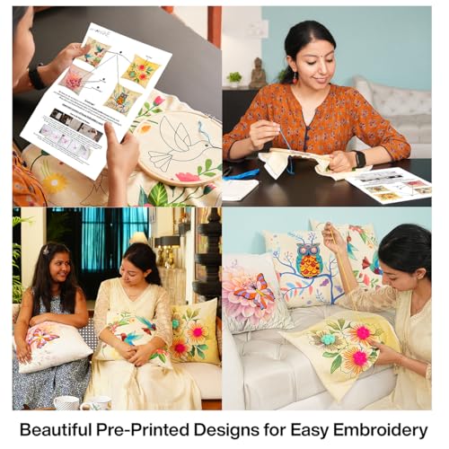 Image of picknMAKE Pack of 4 DIY Cushion Cover Hand Embroidery Kit | Colorful Floral, Hummingbird, Butterfly & Owl Designs | 16 inchx16 inch Pillow Covers | Digitally Printed, All Materials Included