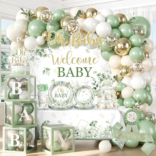 Fexivo 286 Pcs Sage Green Baby Shower Decorations Set-Serves 25 Guests -All-in-One Gender Neutral Party Supplies Kit Includes Balloon Arch Backdrop Tableware Set and Sash