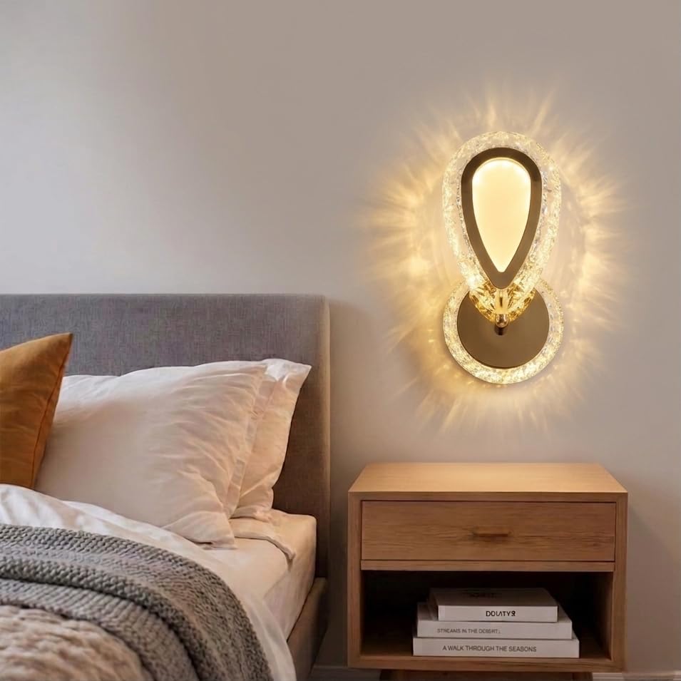 Image of Groeien Pack of 2 | 12w | 3 Color LED Crystal Teardrop Wall Sconce Light for Bedroom Living Room Corridor Lighting Fixtures Wall Mount(Warm+Natural+Coolwhite)(Crystal-Teardrop, 2, Count)