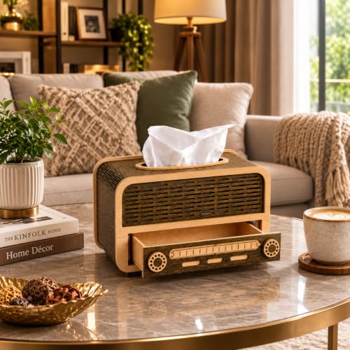 Image of Retro Radio Wooden Tissue Box with Storage Drawer MDF Napkin Holder for Home, Office & Car Vintage Desktop Organizer
