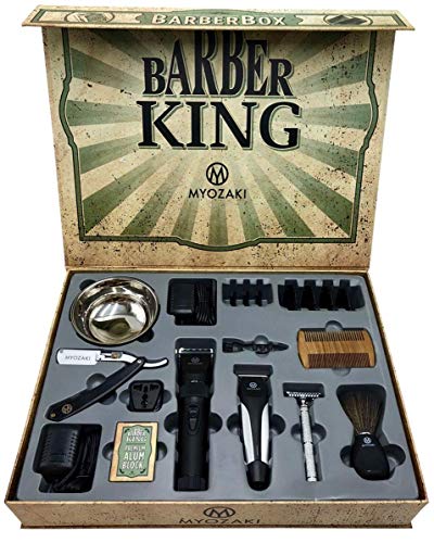 Barber Box Kit - including 9 items: Hair Clipper(4 Combs) Hair Trimmer(3 Combs) Straight Razor, Shaving Bowl, Vintage Safety Razor, Shaving Brush, Alum Block, Beard Comb, Travel Adapter