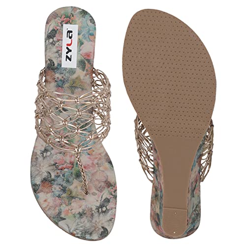 Image of Zyla Women Rose Gold Woven Design Wedges