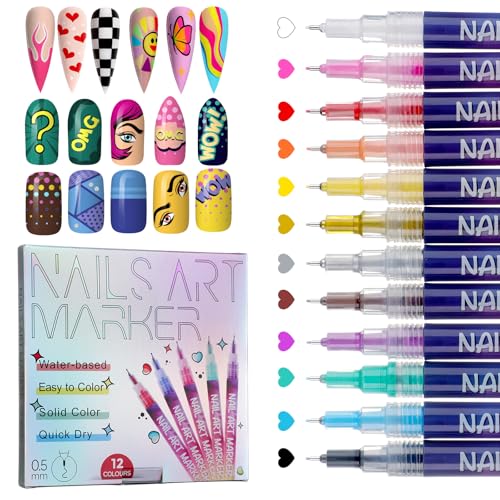 Set de 12 Stylos Nail Art, Stylo Vernis à Ongles 3D pour Dessiner & Décorer le Bout des Ongles, Nail Art Marker pour Lignes Fines, DIY Manucure & Décoration...