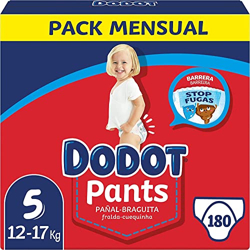 Dodot Pañales Bebé Pants Talla 5 (12-17 kg), 180 Pañales, Pañal-Braguita con Ajuste 360° Anti-Fugas, Pack Mensual