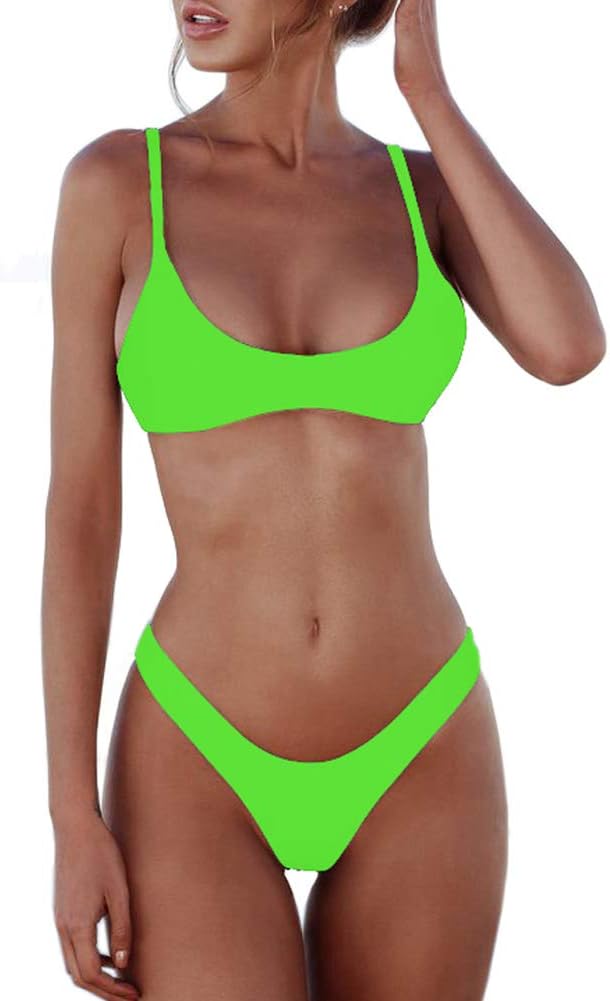 Women's Solid Scoop Neck Push Up Padded Brazilian Thong Bikini Swimsuit Bathing Suit