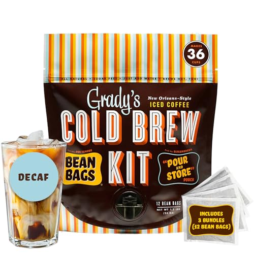 GRADY’S COLD BREW, New Orleans Style - DECAF, 100% Arabica Ground Coffee & Chicory Pouches, All-in-One Cold Brew Kit with 12 Easy-to-Brew Beans Bags, Makes 36 drinks