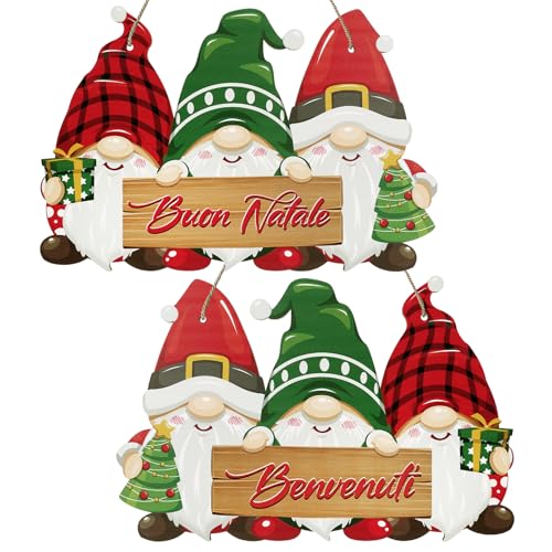 LEMESO Decorazione Natalizia per Porta Fuoriporta Natalizio in Legno, Motivo Gnomi con Scritte ‘Buon Natale’ e ‘Benvenuti’ 30 x 20cm, Addobbo Natalizio per Porta Ingresso da Appendere
