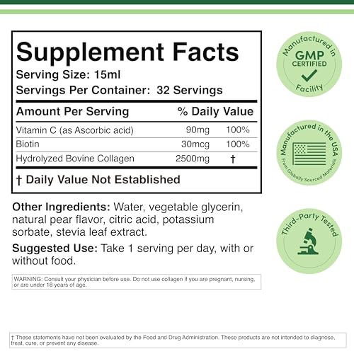 Double Wood Supplements Liquid Collagen - 2500mg of Hydrolyzed Bovine Collagen (Type 1, 3 and Grassfed) - 32 Servings - for Women and Men - 30 mcg of Biotin - Sugar Free Pear Flavor