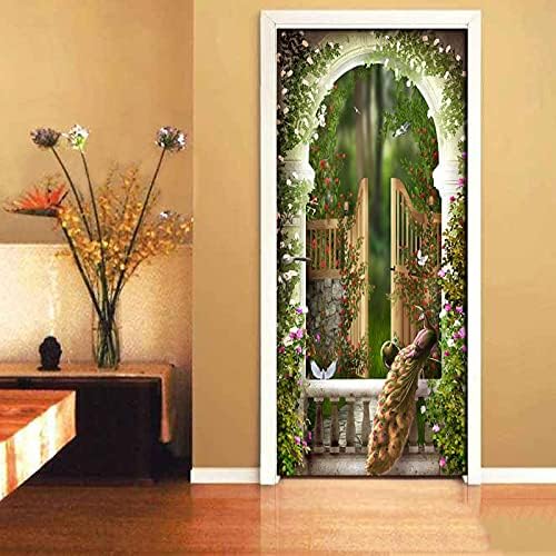 Door Sticker Wallpaper Arch Vine Peacock Door Murals 3D, Art Wall Stickers for Bedroom Girls, 3D Door Murals Peel and Stick, Door Decals Vinyl DIY Wall Decals 30.3X78.7 Inch