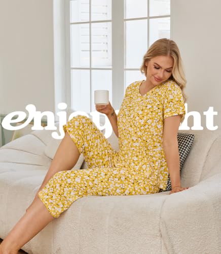 Image of ENJOYNIGHT Womens Pajama Sets Cotton Pj Set Short Sleeve Top With Capri Pants Sleepwear 2 Piece Lounge Set