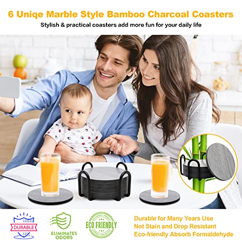 365Park Coasters For Drinks With Holder,6Pcs Non-Staining Coasters For Coffee Table Decor,Heat Stain Resistant Durable Bamboo Charcoal 4-In Drink Coasters For Computer Writing Desk,Housewarming Birthday Gifts thumb #1