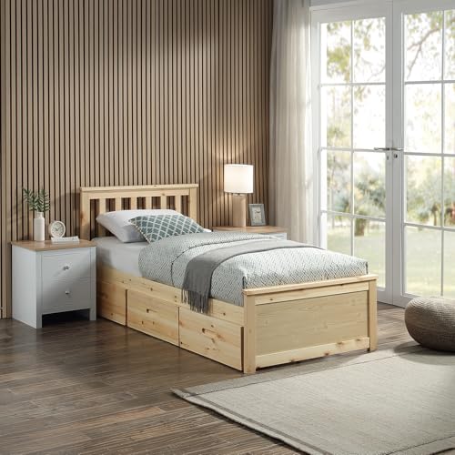 Single Pine Wooden Bed Frame With 3 Drawers Under Bed Storage Space Perfect for Adults Kids Teenagers (Hybrid Mattress, 1)