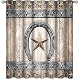 Rustic Western Texas Star Horseshoes Ultra Soft Premier Blackout Curtains,Vintage Wooden Country Farmhouse CowboyThermal Insulated Bedroom Noise Reducing Patio Door Grommet Top,2 Panels 63L x 27.5W