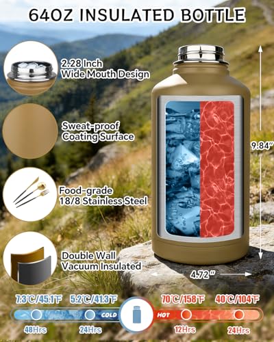COOLYARD Half Gallon Water Bottle Insulated with Sleeve-64 oz Stainless Steel Water Jug with Strap Paracord Handle Metal Sport GYM Water Bottles for Hunting Hiking Travel Biking Khaki — view 2