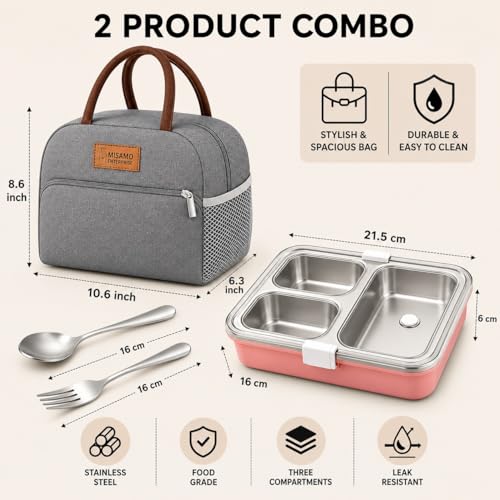 Image of MISAMO ENTERPRISELunch Box with Insulated Lunch Bag Combo, 3 Compartment Stainless Steel Lunch Box with Spoon & Fork, Leak Proof Food Container for School, Office & Travel (Grey Bag+Pink Lunch Box)