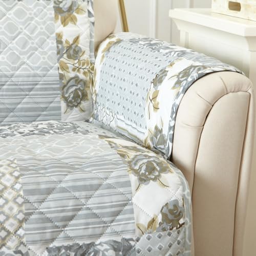 Image of Great Bay Home Reversible Patchwork Chair Cover - Washable Slipcover Furniture Protector with Elastic Straps - Perfect for Kids & Pets - Box-Stitched Detail (Grey)