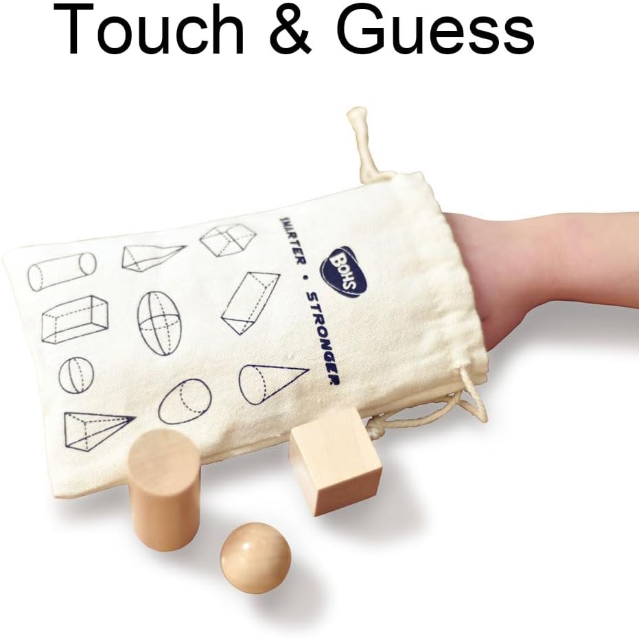 BOHS 3D Shapes Guess Game - 10 Sets Bulk Supplies - Solid Figures Geometry Miniature Set in Mystery Bag - Wooden Montessori Toys
