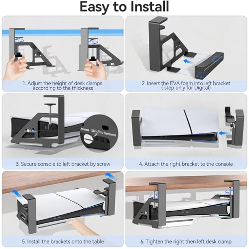 Rysker Soporte para PS5 Debajo de Escritorio para PS 5/Slim/Pro, Soporte para PS5 Horizontal, Accesorios para PS 5 con Soportes para Auriculares - imagen 3