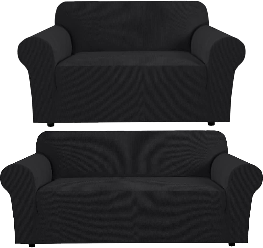 H.VERSAILTEX Stretch Loveseat Cover Bundles Sofa Slipcover, Furniture Protector, Plaid Pattern, Removable and Washable, Black