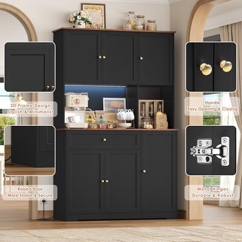 FirFurd Kitchen Cupboard Tall Kitchen Cabinets with LED, Power Outlet, Sideboard Storage Cabinet with Wine Rack for 12 Bottles, Countertop and Drawer Dining Room Furniture180x100x39cm Black - Image 7