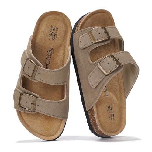 Project Cloud Genuine Leather Slides For Kids - Natural Cork Footbed Summer Sandals Beach Slide Sandals for Girls & Boys - Non-Slip Boys & Girls Sandals (Little Venita)