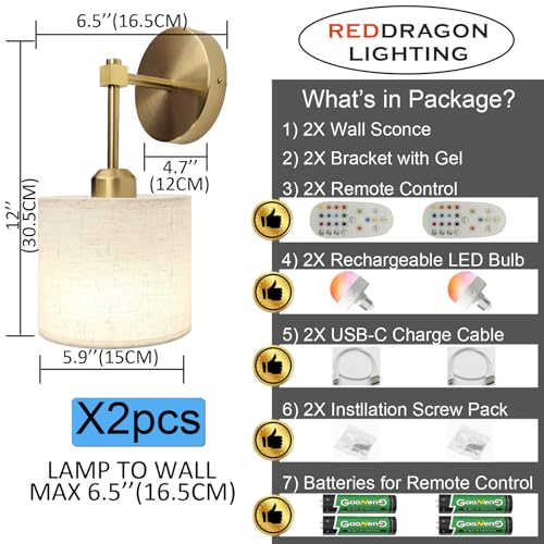 Image of Peel and Stick on Fabric Gold Wall Sconces Battery Operated Set of 2 with Remote, Cordless Battery Wall Lights with Fabric Shade for Bedroom Living Room Bathroom (2 Pack, Gold)