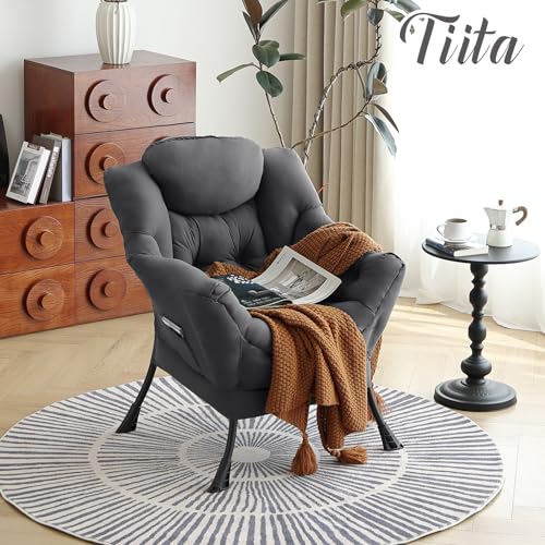 Image of Tiita Lazy Chair, Gray Modern Large Accent Armchair, Comfy Leisure Sofa Reading Chair for Bedroom, Living Room, Dorm Rooms, Garden and Courtyard, Dark Grey