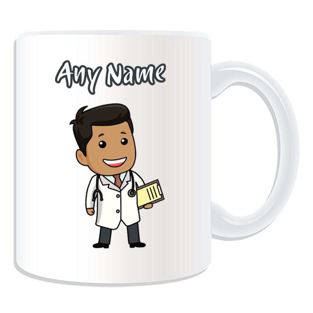 Unigift Men's White Personalised Gift - Doctor Black Mug (Career Design Theme, ) - Any Name / Message On Your Unique - National Nhs Hospital Worker Staff Uniform Lab Coat Stethoscope Asian General Practice Gp Occupation