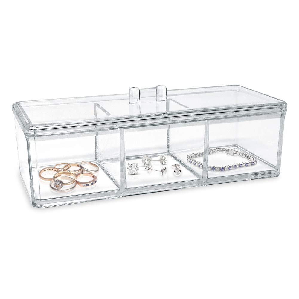 Organizador apilable rectangular de acrílico transparente de 3 compartimentos con tapa, bandeja de cajón multiseccional, solución de almacenamiento para maquillaje, suministros de 5