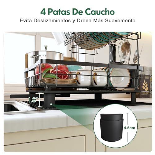 MAJALiS Escurreplatos, Acero Inoxidable Escurridor de Platos de 2 Niveles Gran, Escurridor de Platos para Fregadero con Drenaje Automático, Soporte para Utensilios, Portavasos, y Alfombrilla de Seca - imagen 5