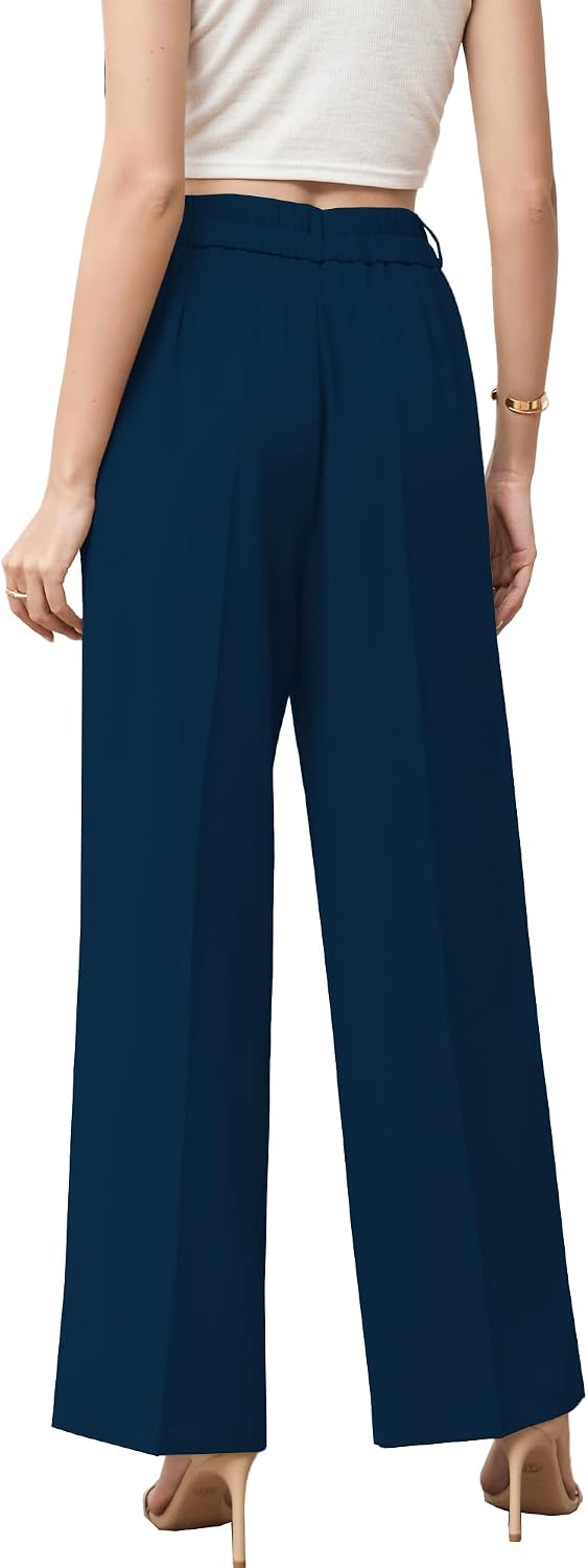 Betusline Women's Wide Leg Long Dress Pants High Waisted Business Casual Straight Office Trousers, Navy Blue, X-Large