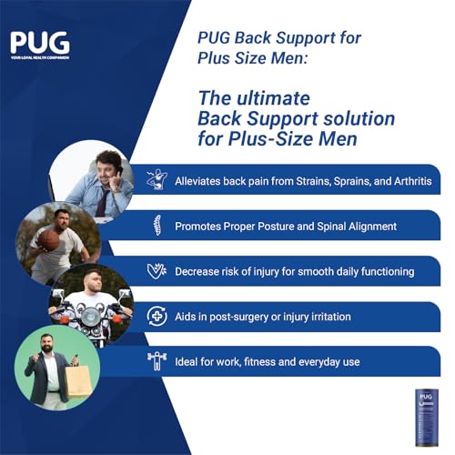 Image of PUG Back Support for Plus Size Men, Lumbar Support Belt for wider body frames, Ergonomically Designed for Plus Size Men, 38% wider back support, Helps in Chronic Back Pain Management, Posture Improvement, Pack of 1, Matte Black