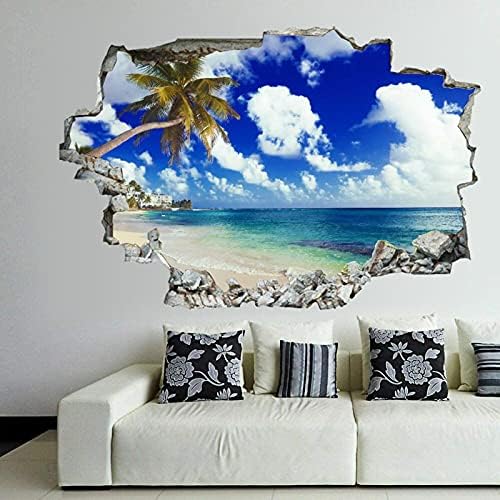 Coast Sea Sky Palm Beach Clouds Wall Decal Landscape 3D Break Through Wall Sticker Removable PVC Funny Wall Art Decal Christmas Home Decor Vinyl Mural for Boy Kids Room Living Room