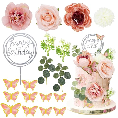 LACGO 19 adornos para tartas de flores rosas, decoración de pastel de mariposa, decoración de pastel de feliz cumpleaños con eucalipto floral artificial para fiesta de cumpleaños, boda, baby shower