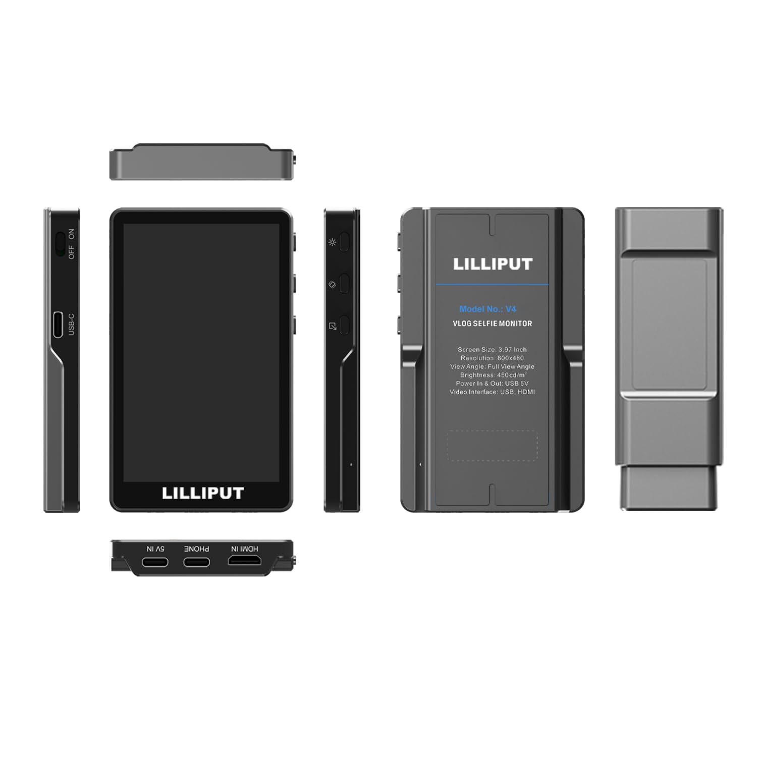 LILLIPUT V4 Telefon-Vlog-Selfie-Monitorbildschirm – 3,97-calowy zewnętrzny monitor z kamerą dla iPhone i Android z wejściem HDMI i Typ-C, podwójne zasilanie, uchwyt magnetyczny, obrót i odbicie